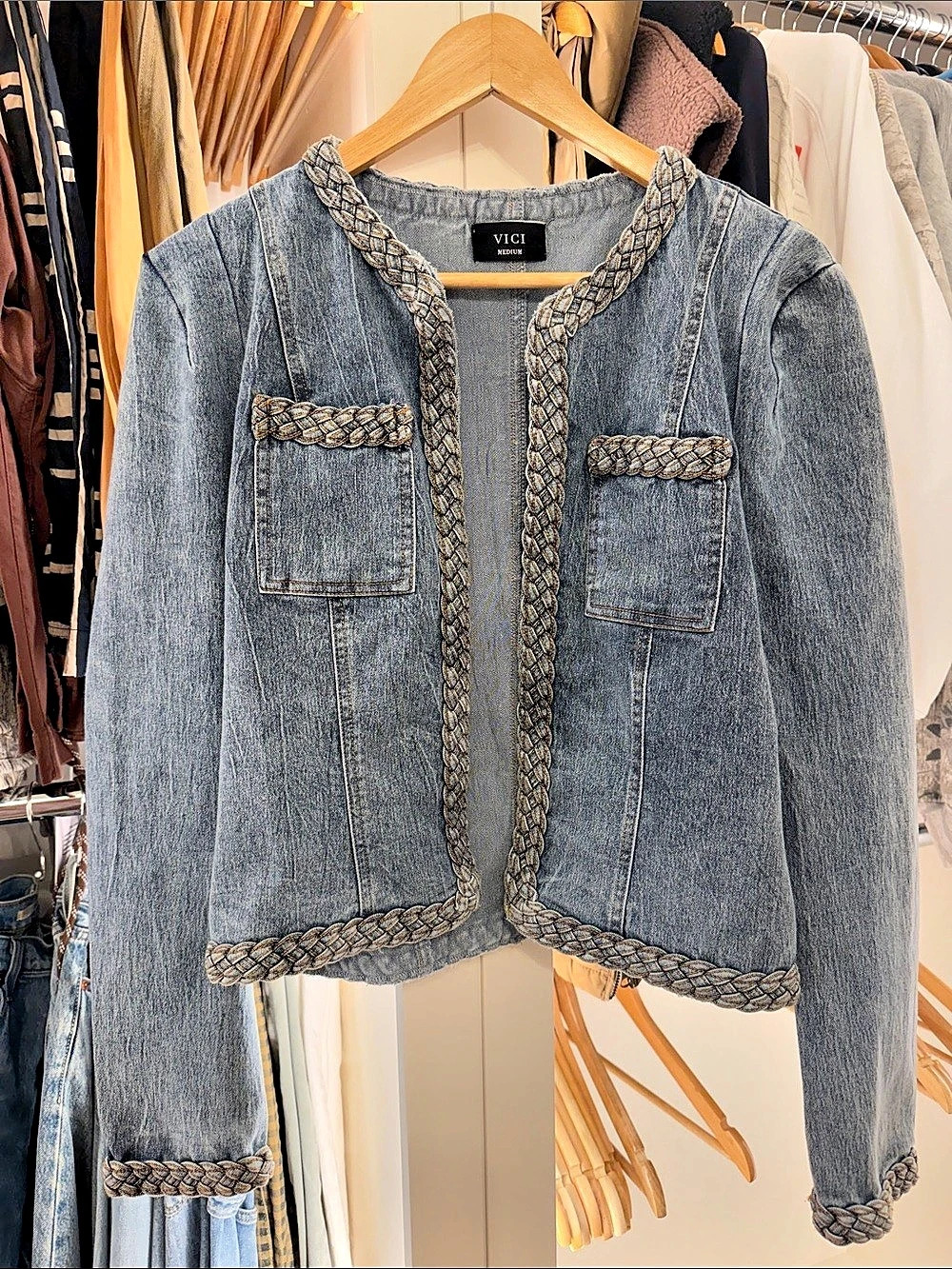 VICI Sidney Braided Trim Twill Denim Jacket Medium